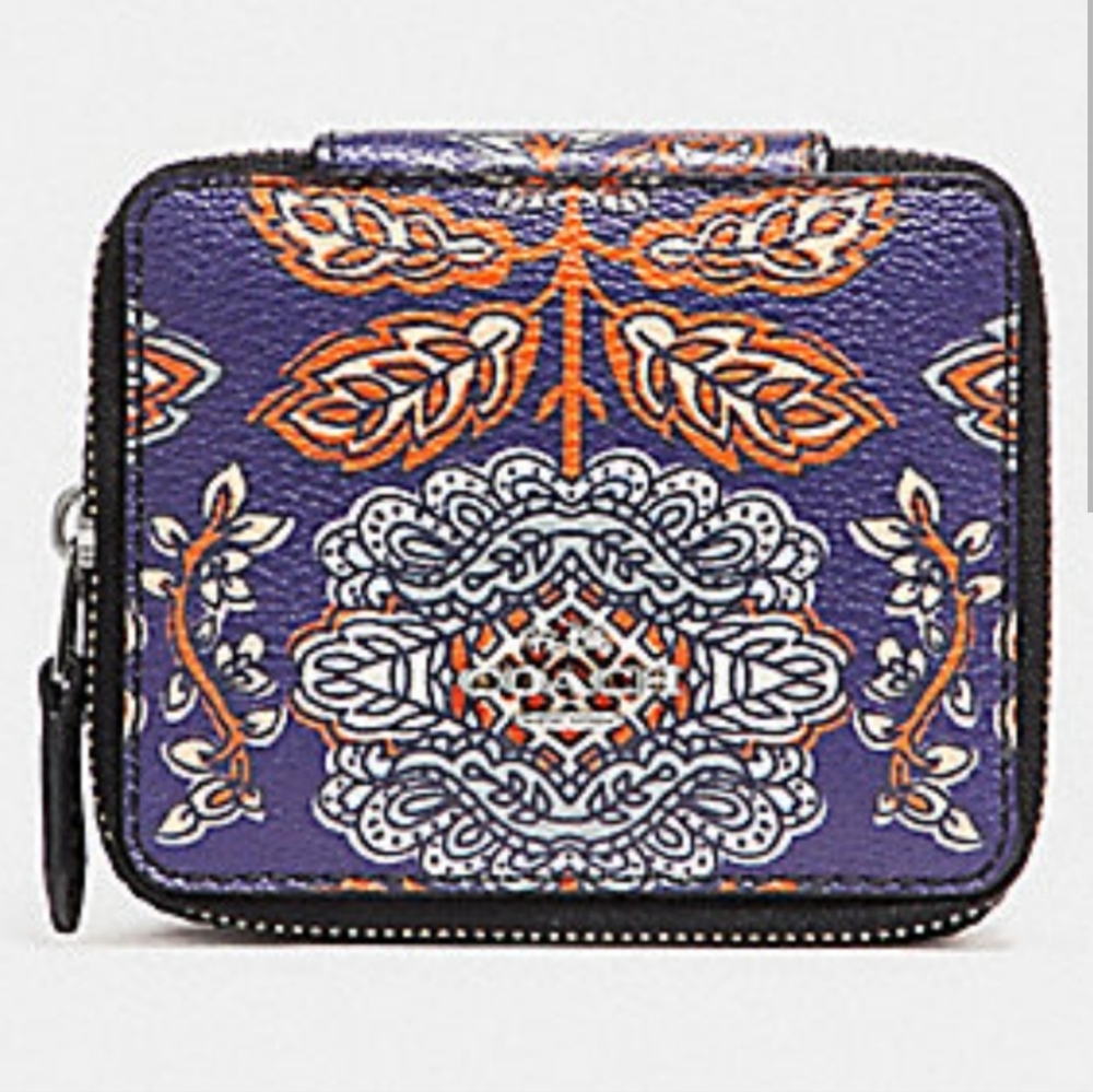 Coach Forest Flower Print Travel Jewelry Case Coated Canvas Zip Around Blue NWT - Picture 1 of 13